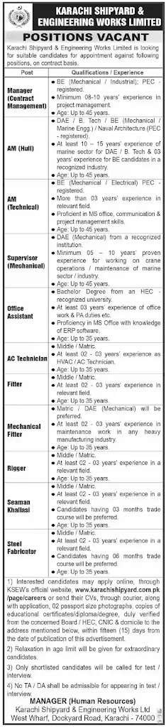Karachi Shipyard Engineering Works Jobs
